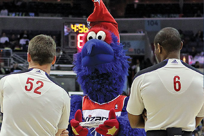 Bullets mascot Hoops ejected from an NBA game. 